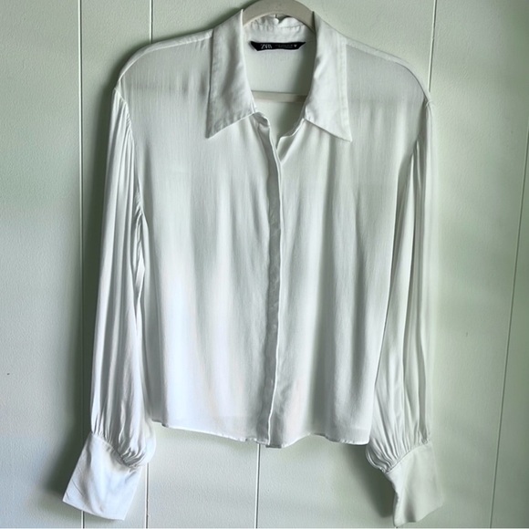 Zara Women's White Blouse Button Front Cuff Sleeve Office Career Wear Sz Med - Picture 1 of 10